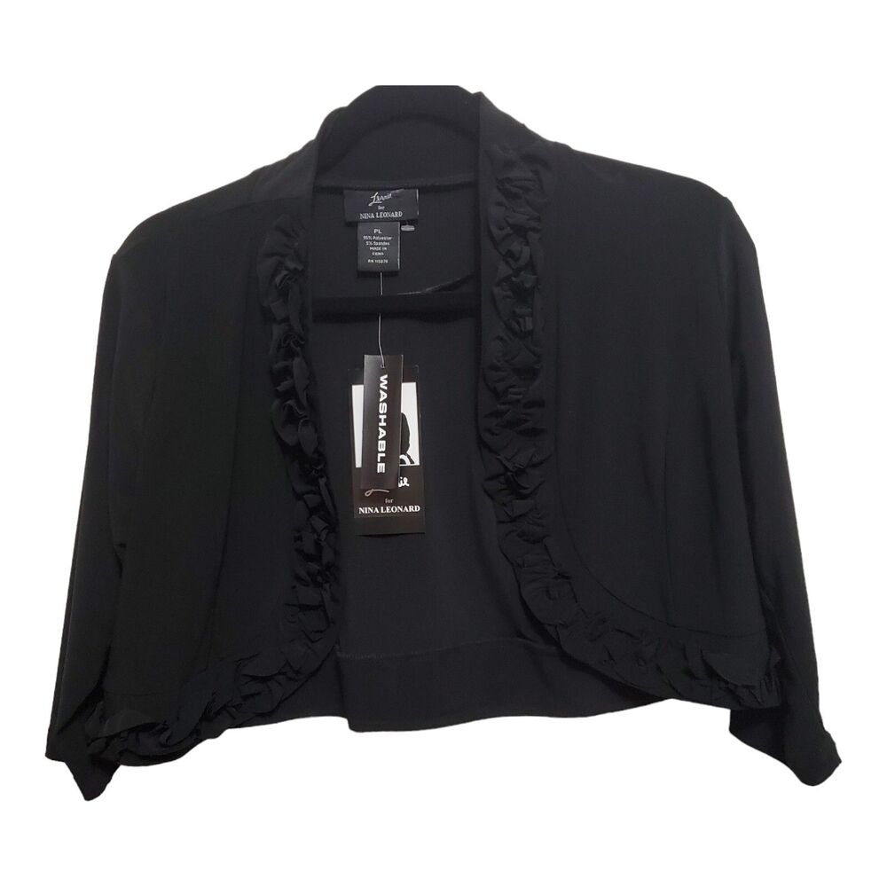 Lennie for Nina Leonard Shrug Soft Knit Cardigan Ruffles Black Petite Large NEW